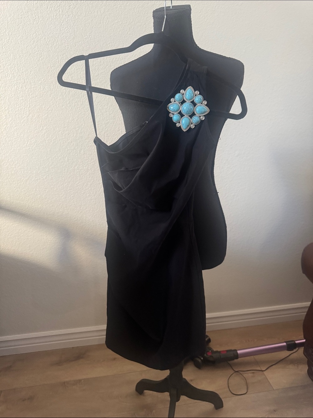 Stop Staring! One Shoulder Ruched Bodycon Dress w/Turquoise & Silver Brooch